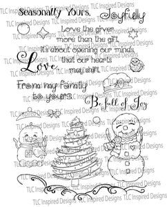 TLC Designs paper crafting digital stamps for the Christmas Holiday.  18 stamps from Snow people, trees, wildlife and sentiments too.  