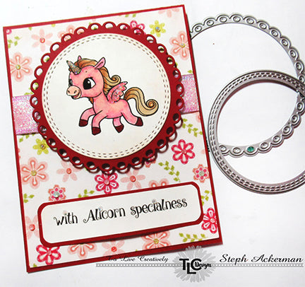 Happy Dragonfly circle die from TLC Designs combined witht he trolluping Alicorn from the Alicorn Happiness stamp set.  The Perfectly Precious papers are to die for and the glittery ribbon sets it off perfectly