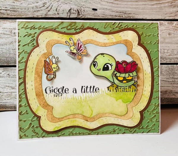Giggle a Little is the sentiment on this greeting card loaded with color and texture and the illustrations from Turtle-icious from TLCDesigns.shop