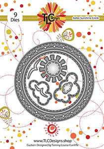 The papercrafting metal die called Aztec Sunshine Circle from TLCDesigns has a beautifully filled ornate decor around the circle that will make your project pop. All nine dies used together or the clouds and sun in any scene build on a project will make it shine!