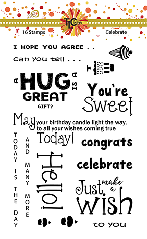 This is a png of the backer card for the Celebrate 16 piece stamp set from TlCDesigns.shop