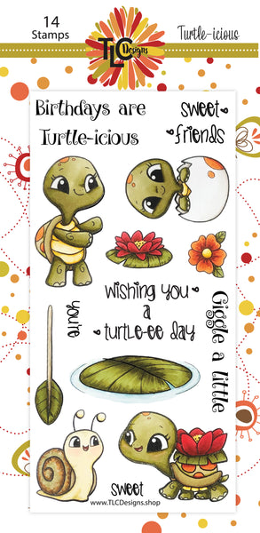 Ever seen a polymer stamp set you just find irresistable?  The Turtle-icious 14 piece stamp set from TLCDesigns.shop is one of those for sure!  One of them are rowing thru the water on a lily pad with a leaf twig for a paddle, there is an adorable turtle baby inside an egg, and then there is a turtle dressed up in a waterlily jacket walking towards his snail friend.  Endless amounts of greeting cards to be designed with this adorable set!