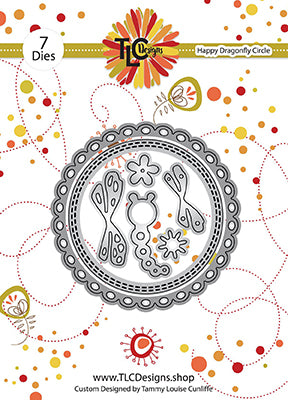 this is the backer card for a 7 piece die set called Happy Dragonfly Circle from TLCDesigns.shop