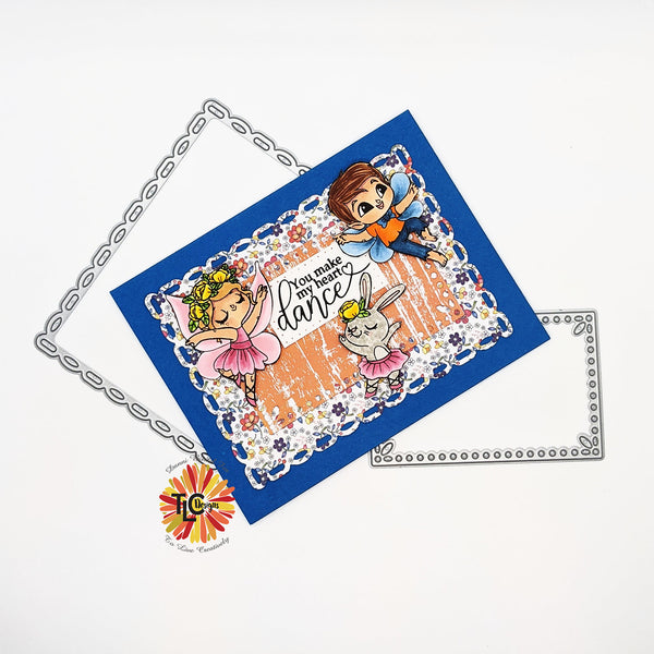 OOH! The newly released Tiptoe Fairy dance polymer stamps are delightfully dancing on the center of this greeting card.. The Scalloped Rectangle garden dies and the Blooming Medley papers bring this dance scene to life from TLCDesigns
