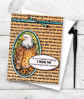 The greeting card to say Thank you to our Brave and Free armed forces. This card is designed with the background sentiments and the bald Eagle illustration to use for your every Brave and Free occasion. By TLC Designs Free Digital Stamps