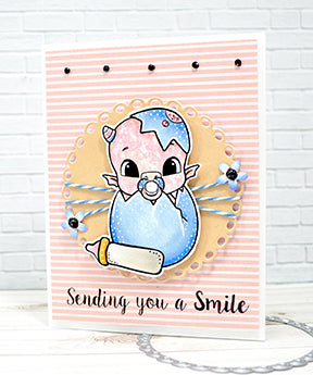 Greeting Dragon digital stamp illustration from TLCDesigns is propped up front and center on this pink and baby blue greeting card! Sending you a Smile with his paci and bottle too!