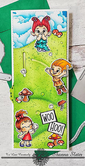 It's a cute slimline project with Toga and Bubble stamp set from TLCDesigns.shop just look at all the interactiveness of this project with the troll leaping after the bubbles.