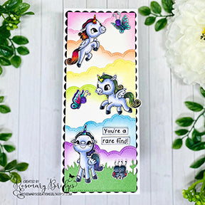 Three different layers of Alicorn Happiness stamp illustrations from TLCDesigns.shop made this slimline greeting card project such a lovely little layered scene! The clouds in the backdrop are in rainbow colors and the sentiment is perfect! You're a rare find!