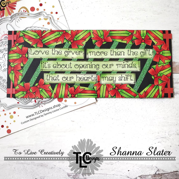 Sometimes it is all about the sentiment!  This slimline greeting card project has beautiful and bright holiday colored projects all around the edges with the love the giver digital sentiment stamp from the Snow Family Fun Tree stamps at TLCDesigns.shop