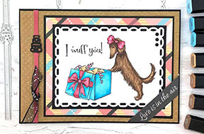 The likelyhood of a greeting card project being more posh than this one is slim! The Posh Pups digital stamps from TLCDesigns.shop show off how much I wuff you! lol The Celebrate Ribbon is a perfect accent on this embossed kraft colored card and Love is in the air!