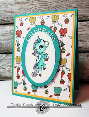It makes the perfectly coordinated greeting card! The TLCDesigns.shop Dragons in Winter Digi papers and the Alicorn Heaven polymer stamp set with the Celebrate frame to make it a real showstopper! Colored in turquois and framed in yellow card stock! He's just too cute!